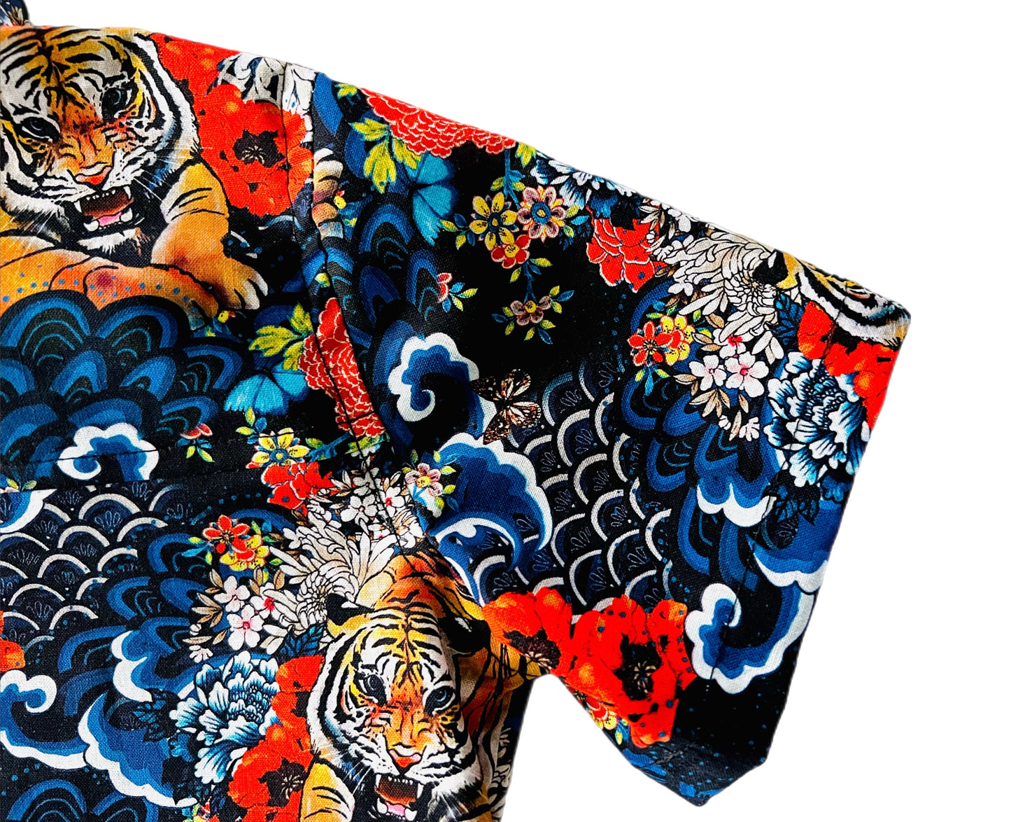 Tiger, Flowers and the Ocean Breeze Button Down Short Sleeve Collared Shirt