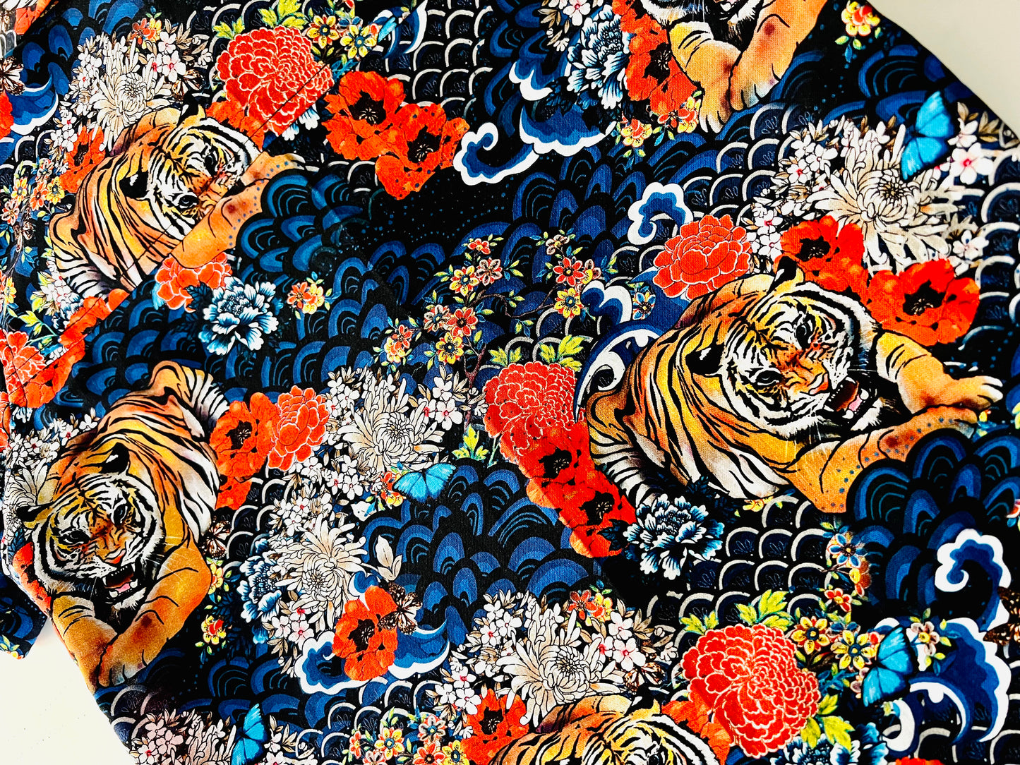 Tiger, Flowers and the Ocean Breeze Button Down Short Sleeve Collared Shirt