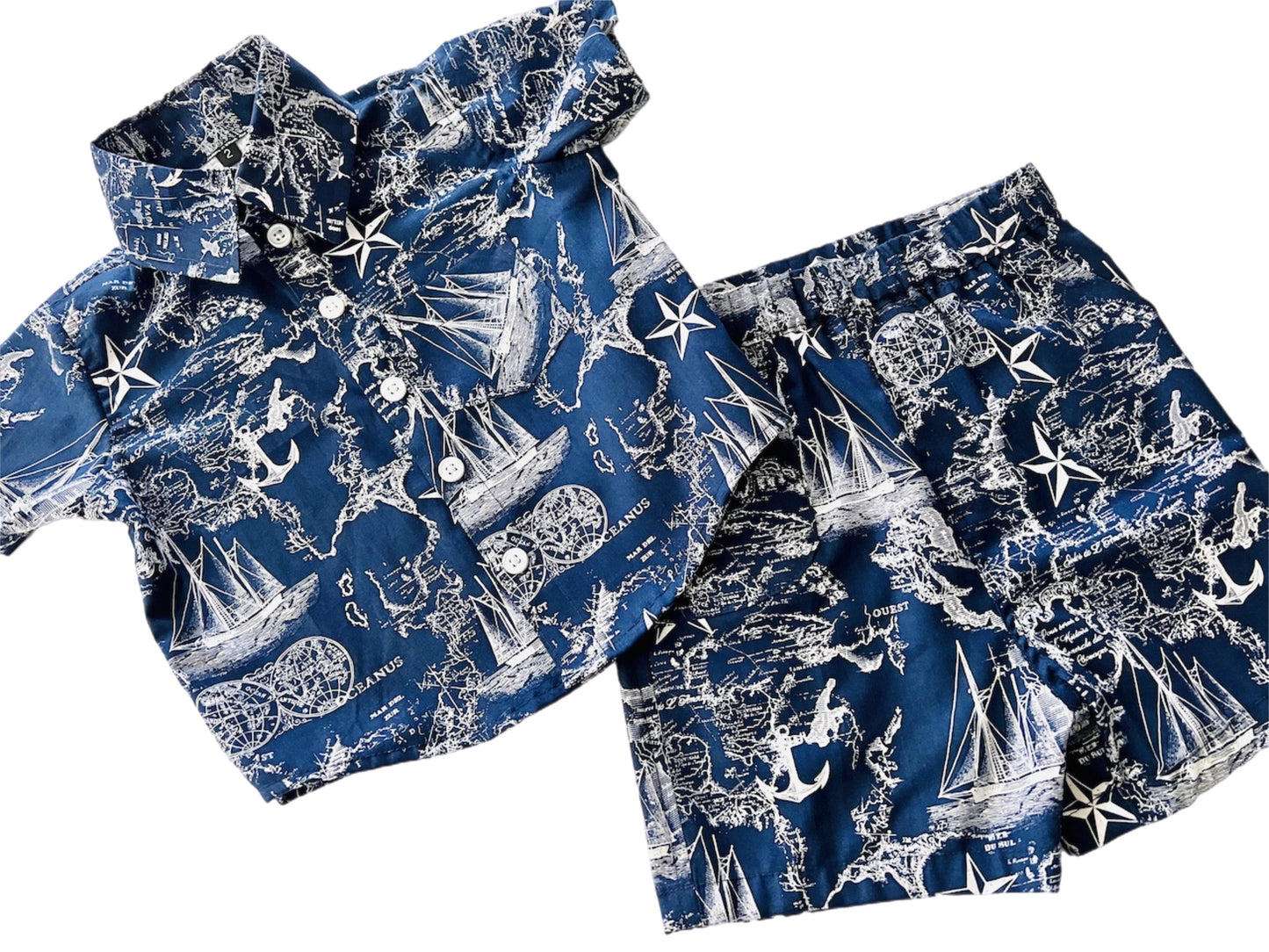 Little Ocean Sail North Map Button Down Dress Shirt (blue or white) navy anchor Shorts Set