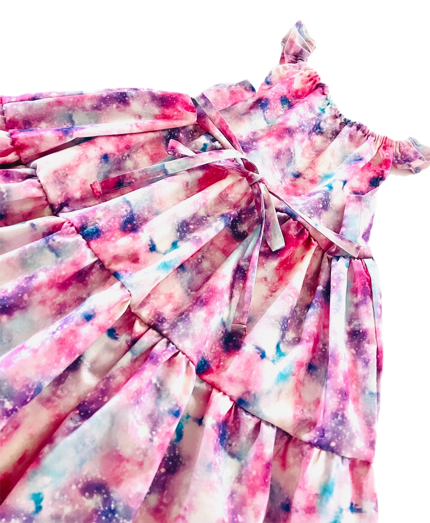 Cotton Candy Pink Galaxy Gathered Ruffle Dress with Back Tie