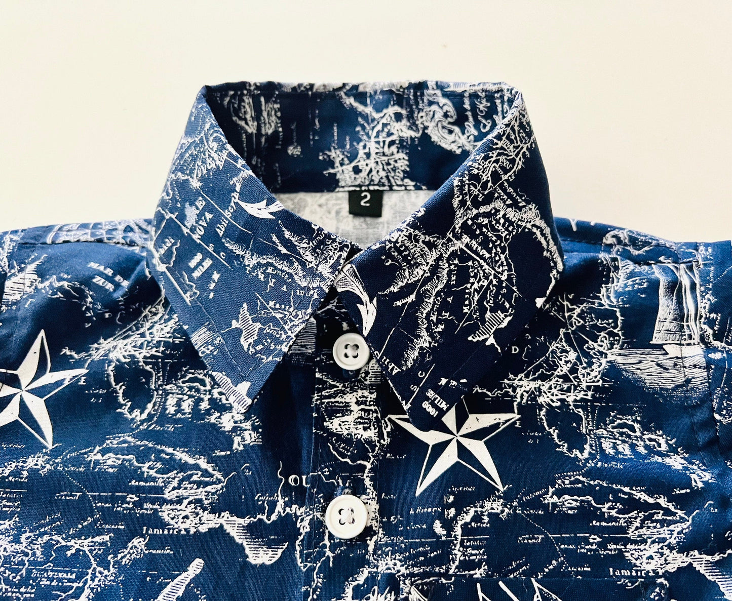 Midnight blue explorer ship map button up shirt with matching blue shorts