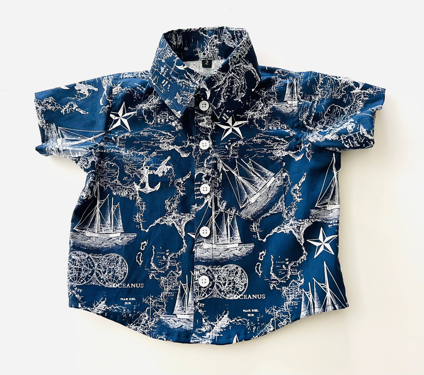 Midnight blue explorer ship map button up shirt with matching blue shorts