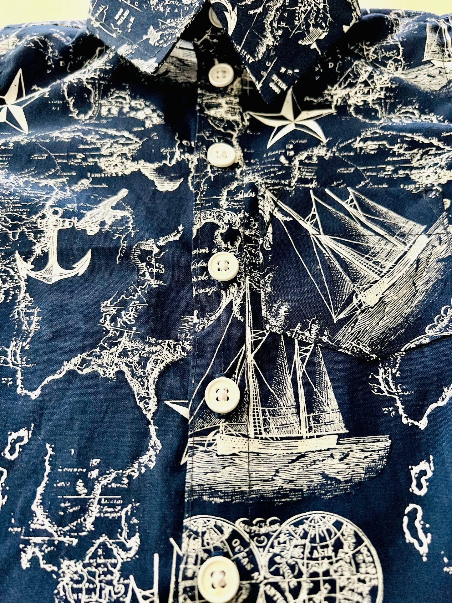 Midnight blue explorer ship map button up shirt with matching blue shorts