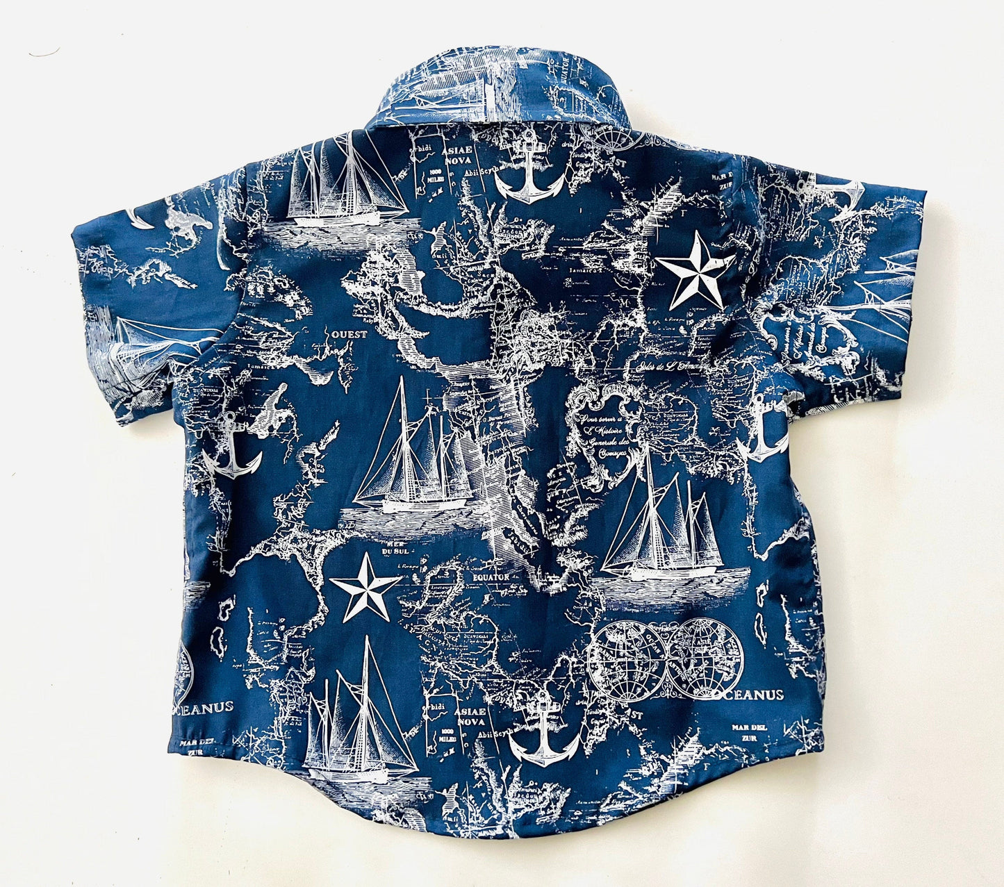 Midnight blue explorer ship map button up shirt with matching blue shorts
