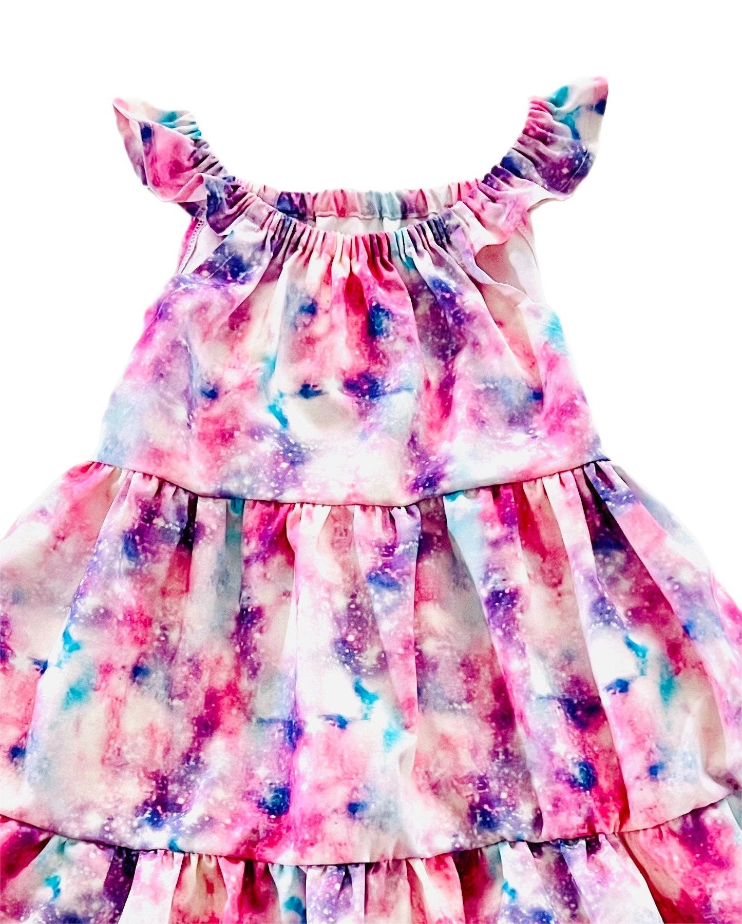 Cotton Candy Pink Galaxy Gathered Ruffle Dress with Back Tie