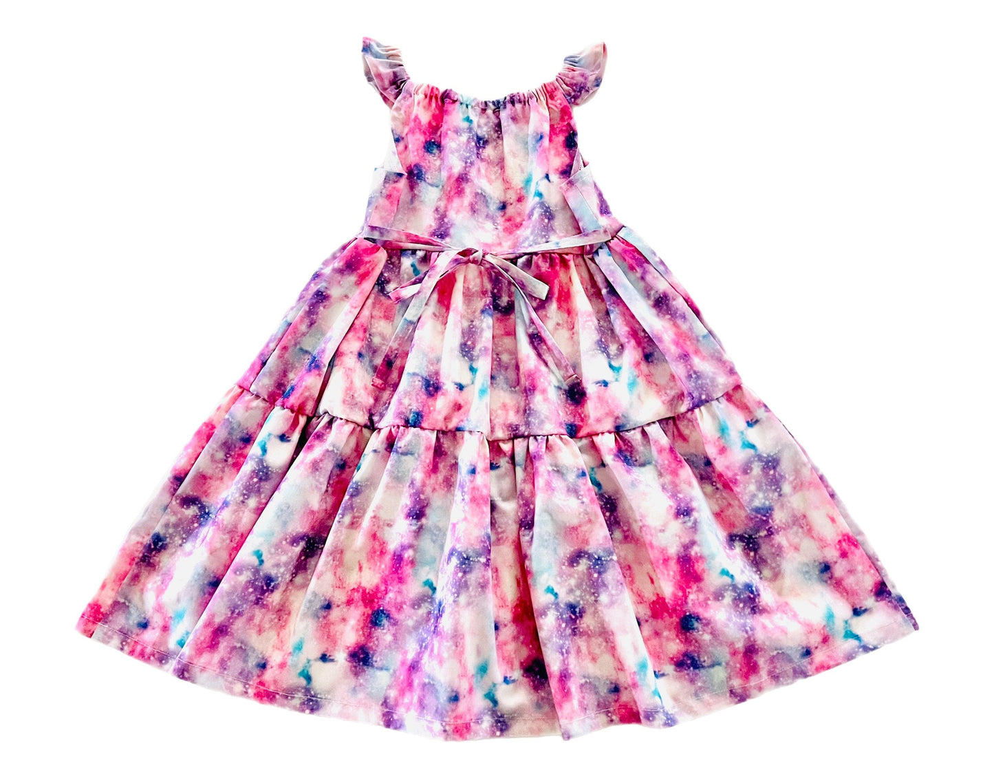 Cotton Candy Pink Galaxy Gathered Ruffle Dress with Back Tie