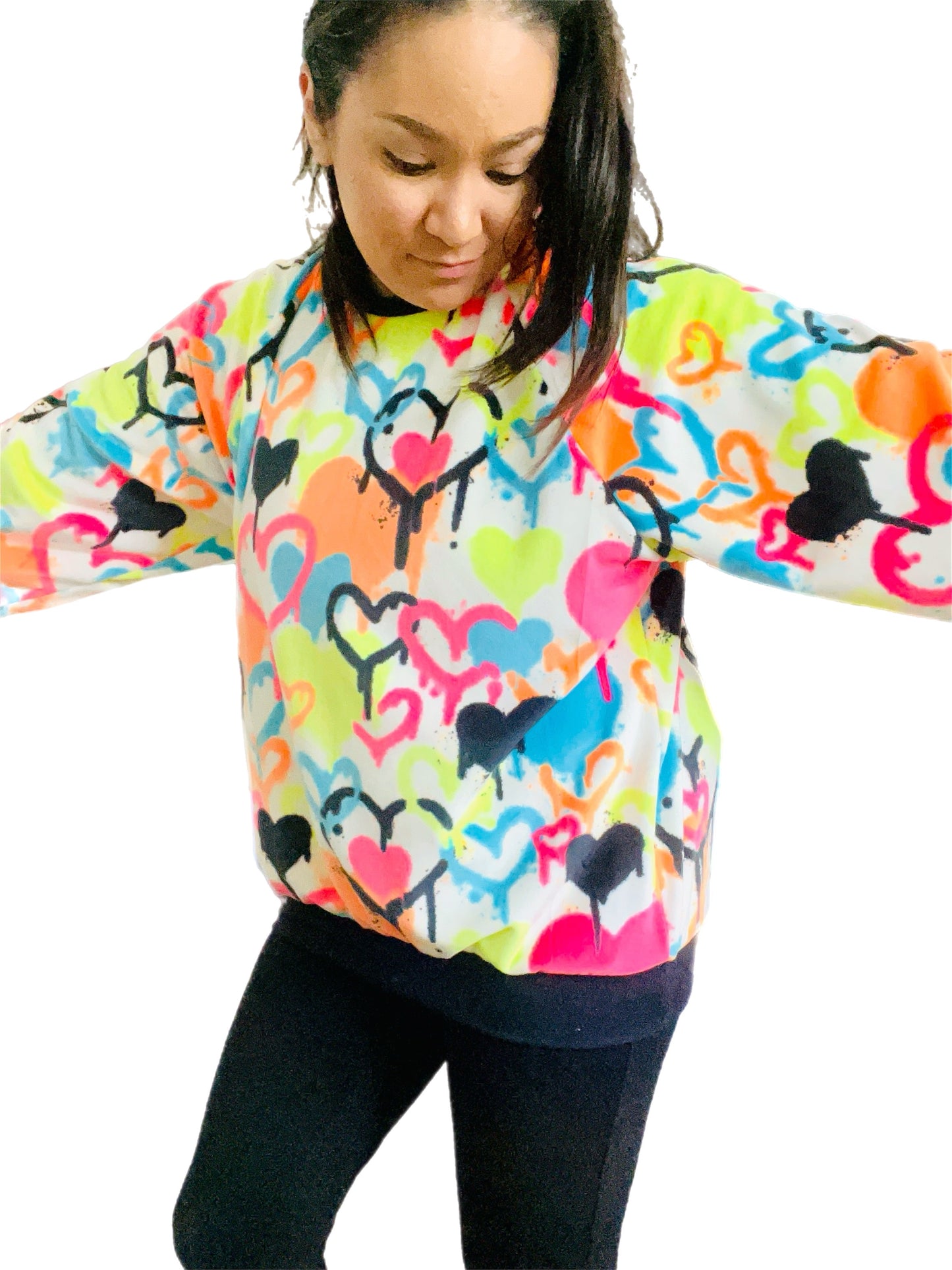 Neon Graffiti Heart Fleece Sweater – Handmade & Cozy