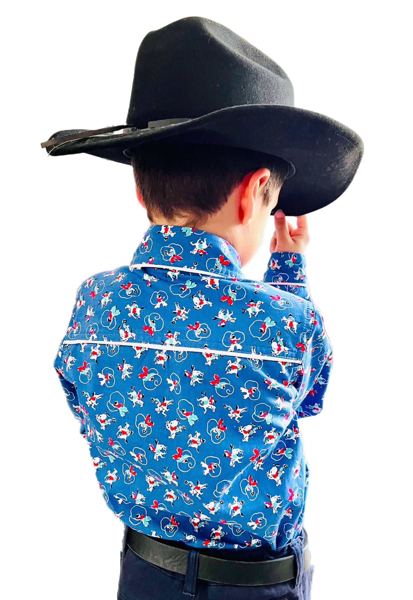 YeeHaw! Cowboy Rodeo Blue Print Long Sleeve Button Up Shirt