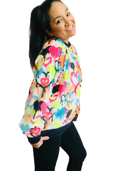 Neon Graffiti Heart Fleece Sweater – Handmade & Cozy