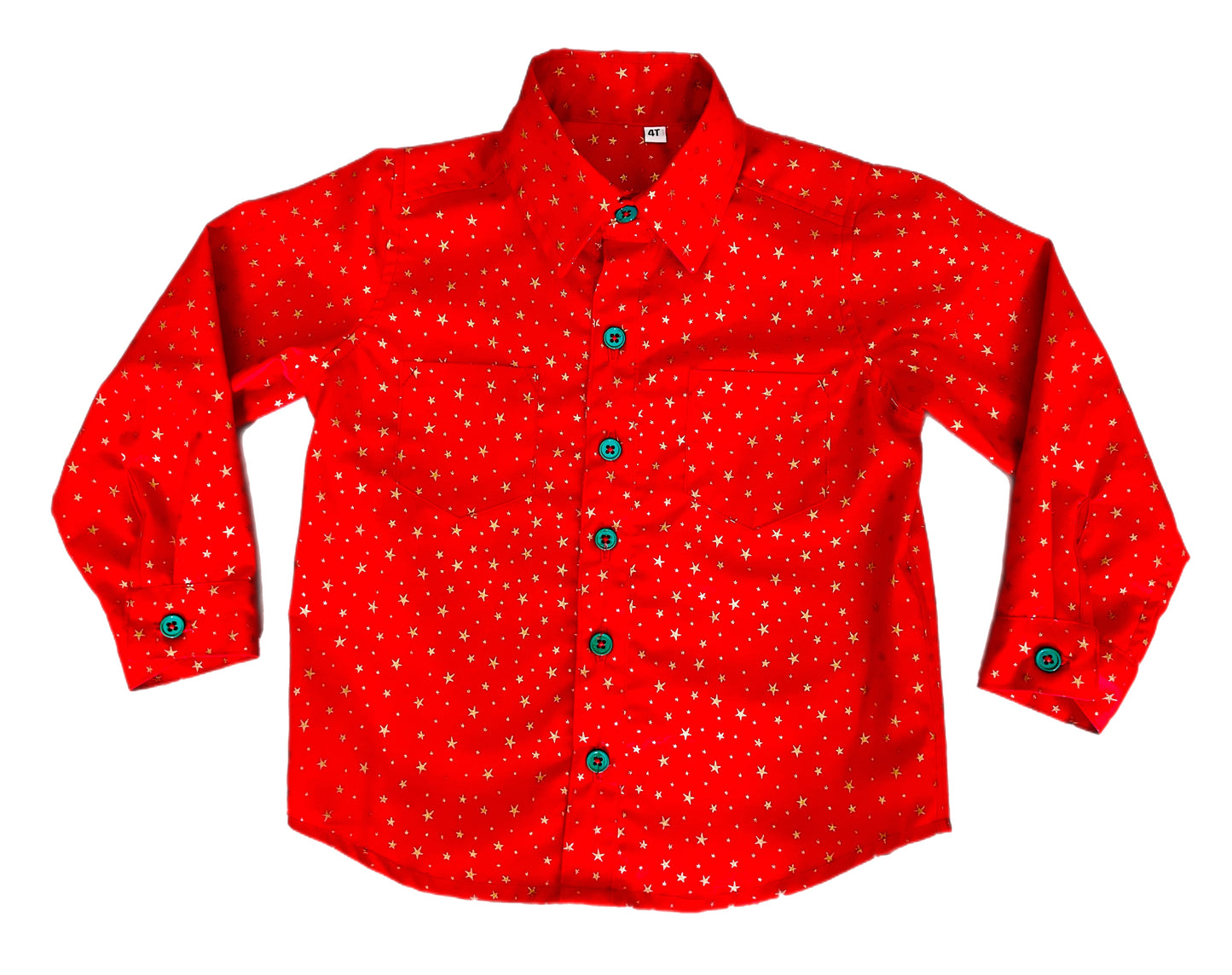 Santa Red with Gold Star Print Button Up Long Sleeve Shirt for Baby and Boys