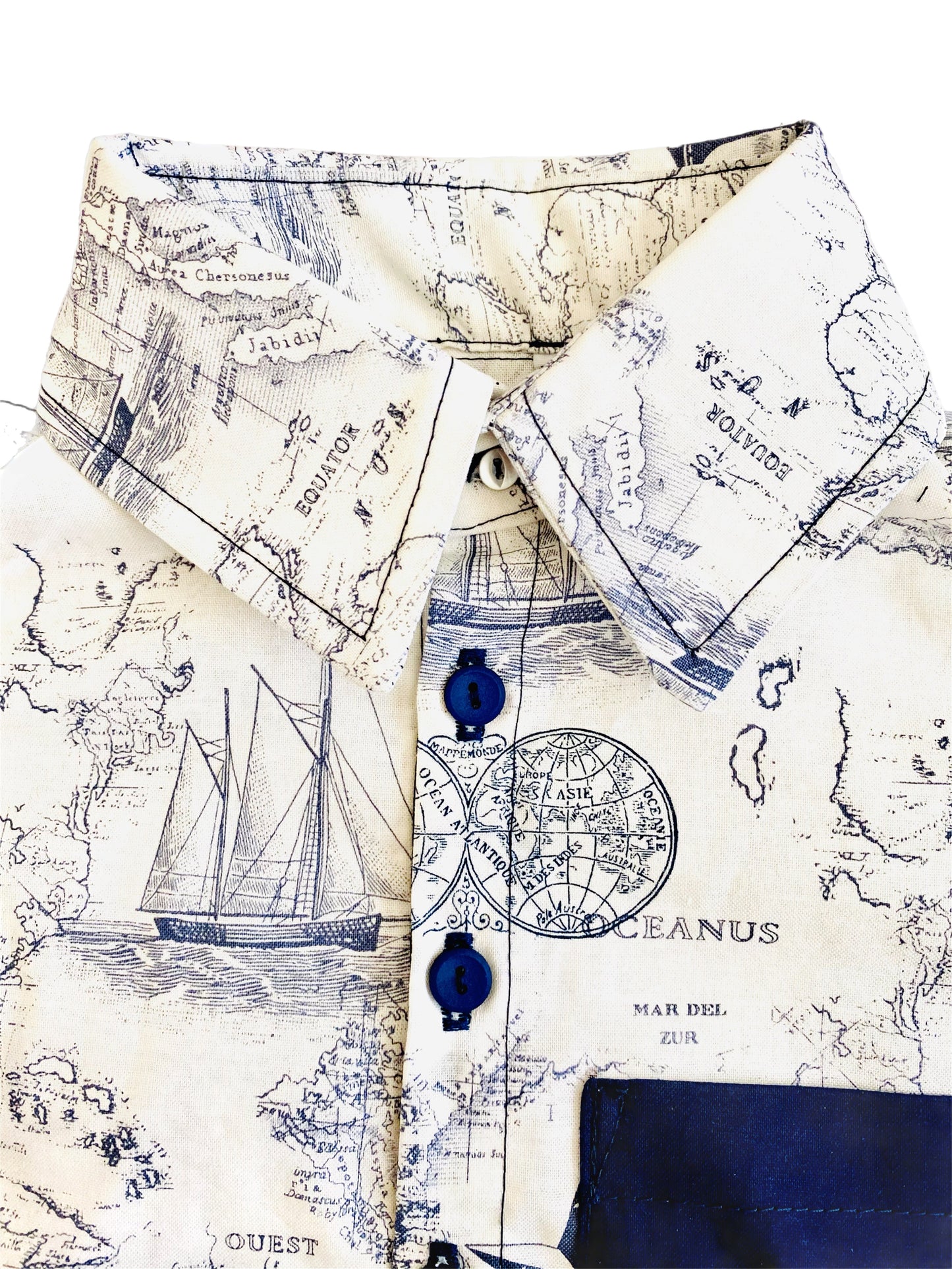 Little Ocean Explorer Nautical Map Button Down Dress Shirt and blue navy anchor Shorts Set