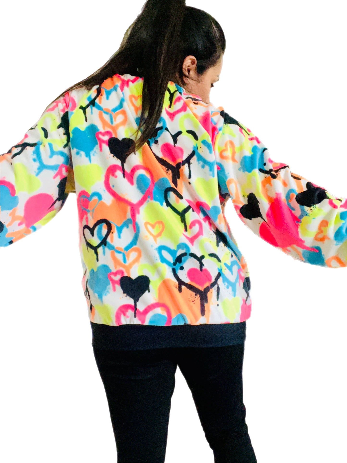 Neon Graffiti Heart Fleece Sweater – Handmade & Cozy