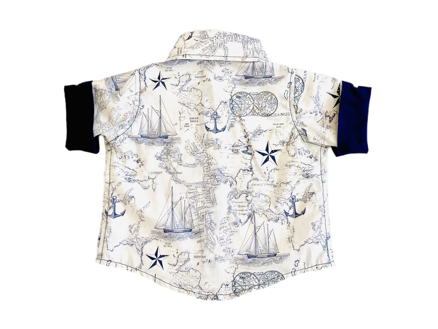 Little Ocean Explorer Nautical Map Button Down Dress Shirt and blue navy anchor Shorts Set