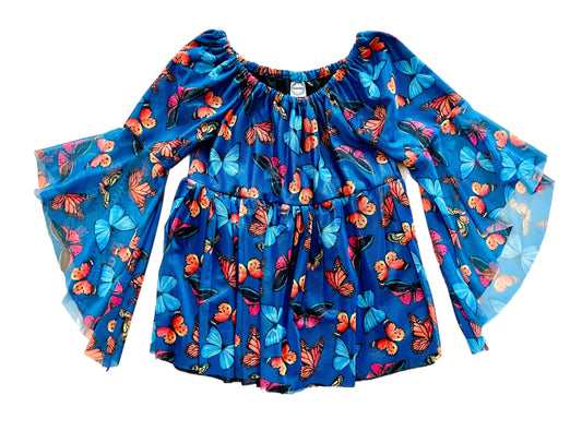 Indigo Midnight Blue Butterfly Gathered Blouse