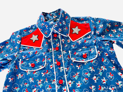 YeeHaw! Cowboy Rodeo Blue Print Long Sleeve Button Up Shirt