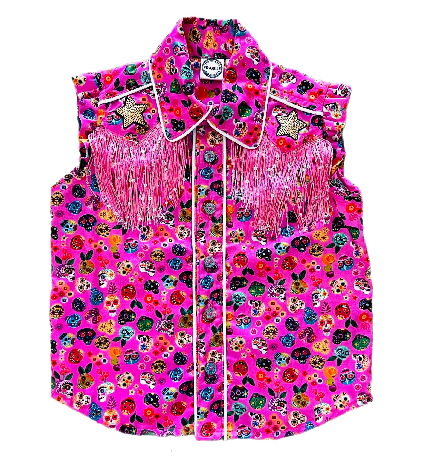 Pink Candy Skull “Día de los Muertos” girls cowgirl button up shirt with Fringe