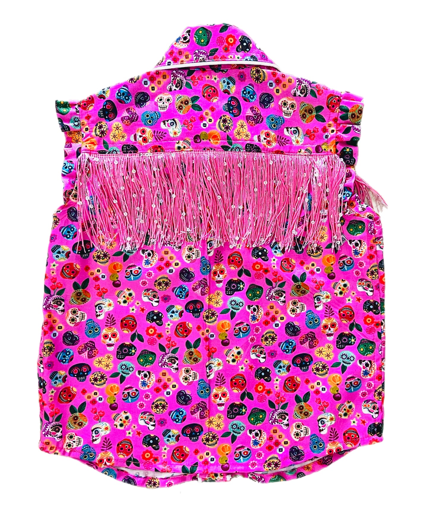 Pink Candy Skull “Día de los Muertos” girls cowgirl button up shirt with Fringe