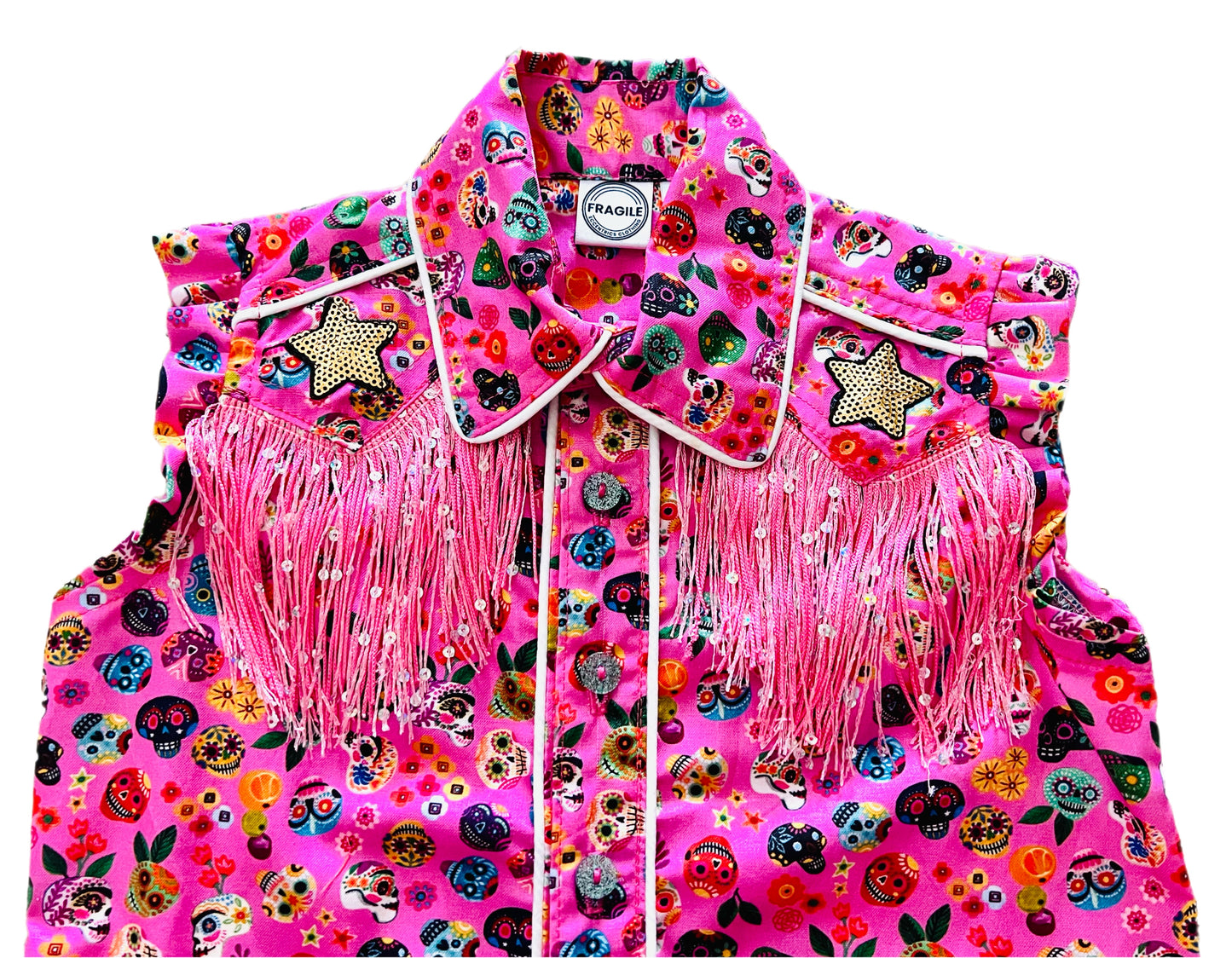 Pink Candy Skull “Día de los Muertos” girls cowgirl button up shirt with Fringe