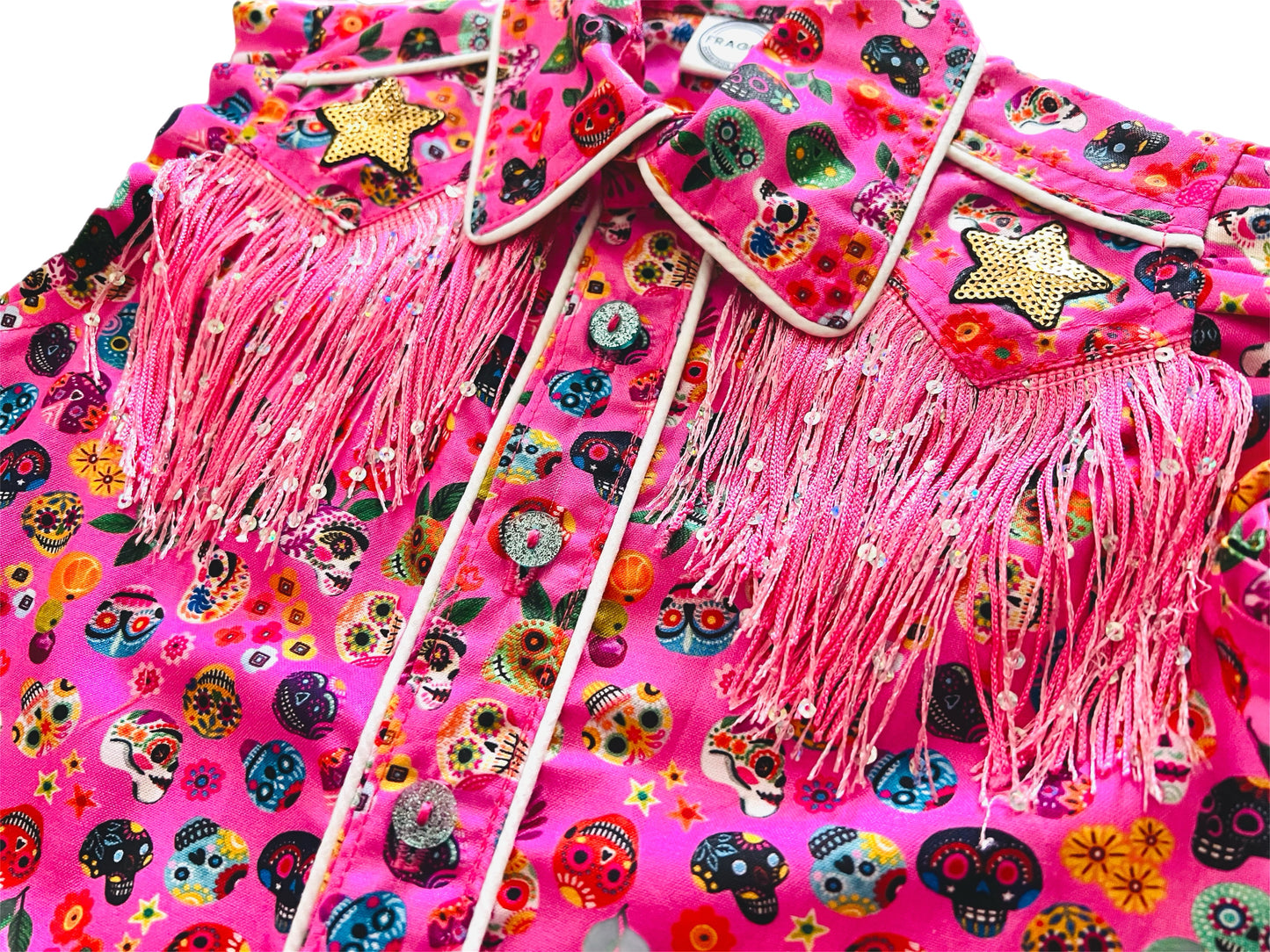 Pink Candy Skull “Día de los Muertos” girls cowgirl button up shirt with Fringe