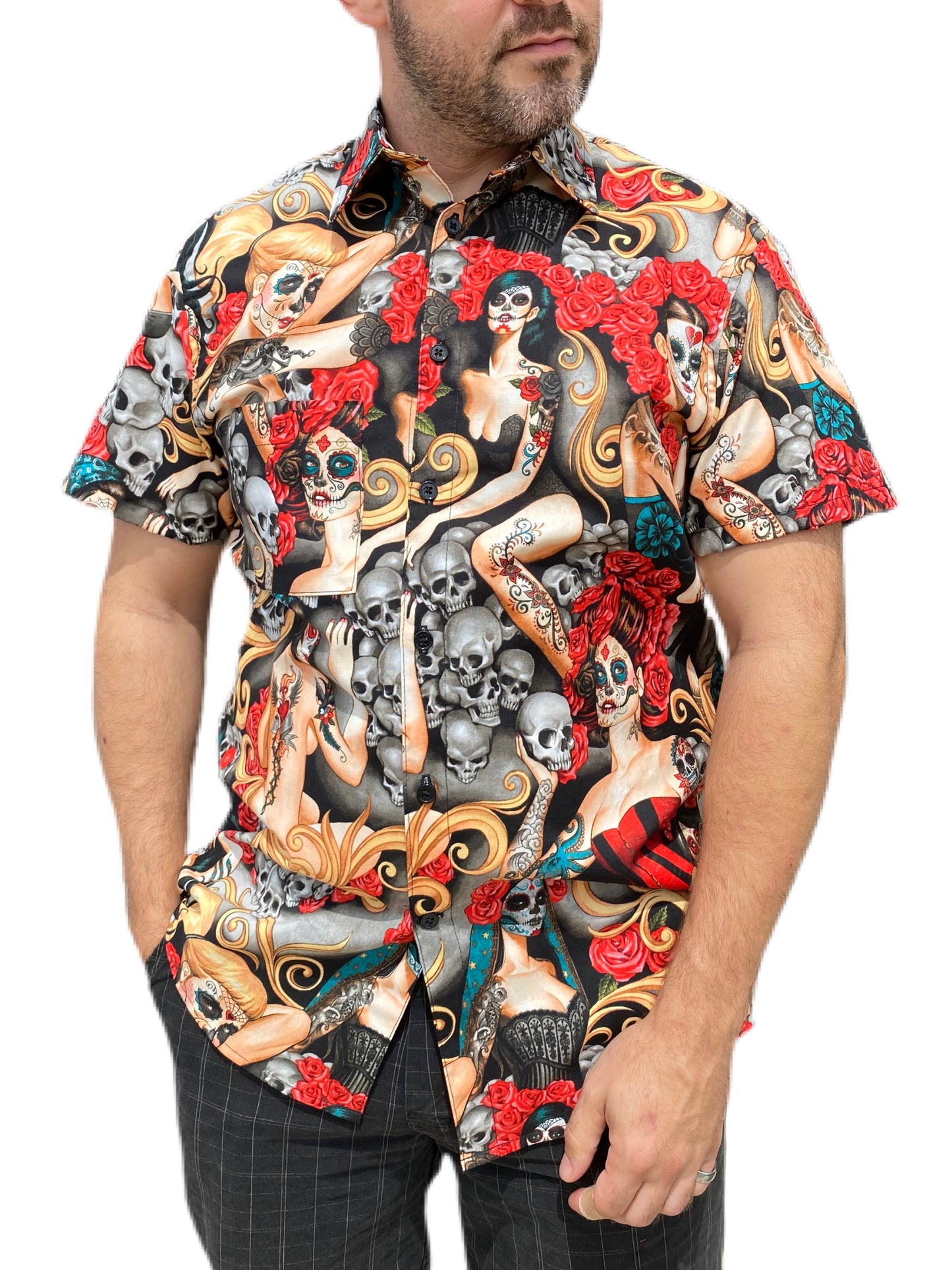 Day of the Dead women, roses, and skulls Button Up Shirt