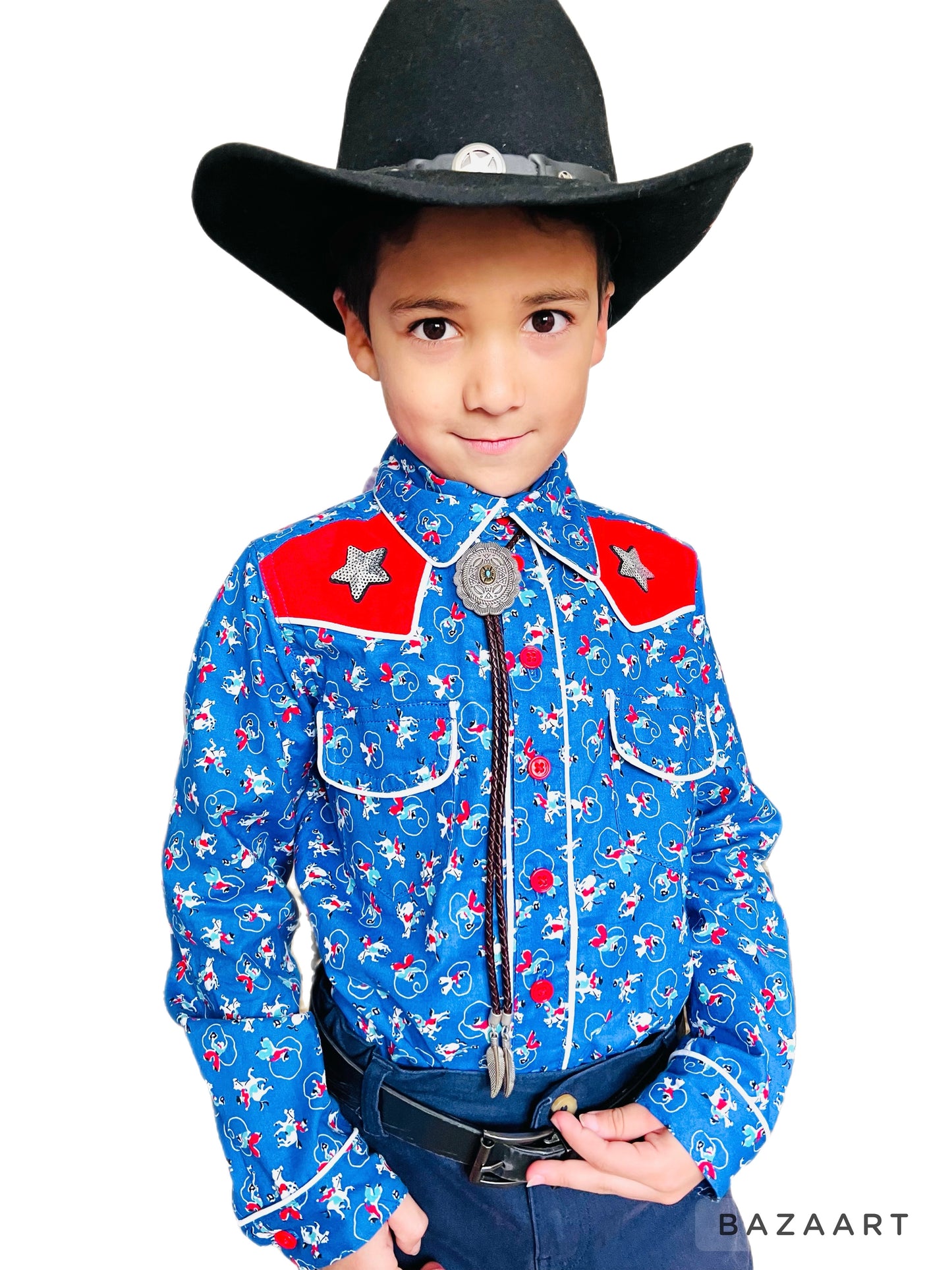 YeeHaw! Cowboy Rodeo Blue Print Long Sleeve Button Up Shirt