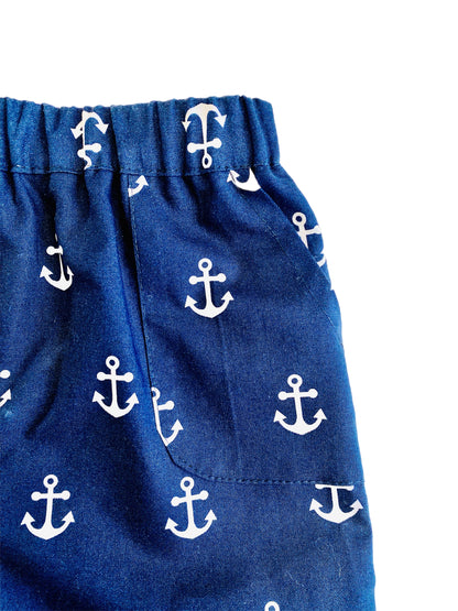 Little Ocean Explorer Nautical Map Button Down Dress Shirt and blue navy anchor Shorts Set