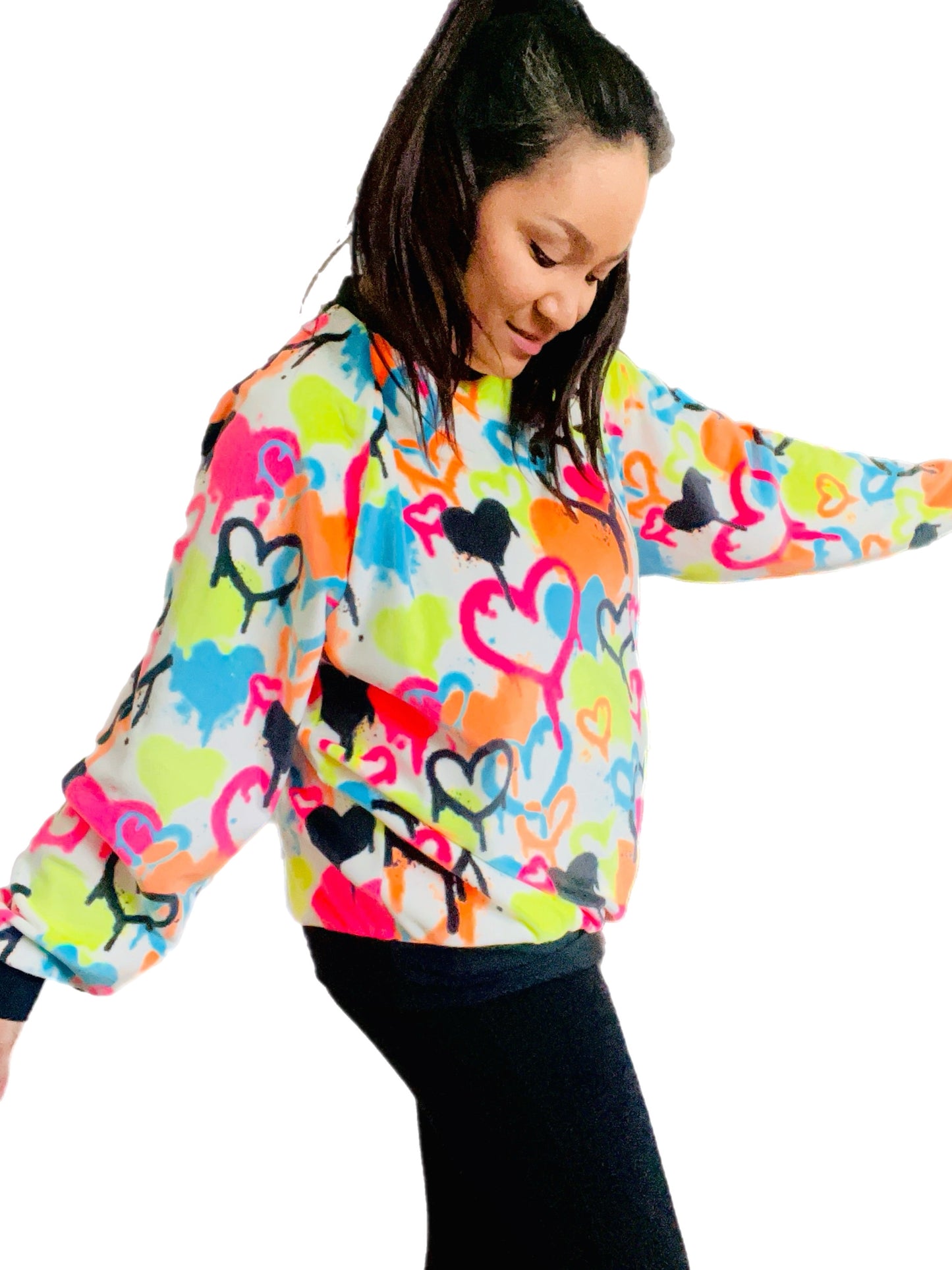 Neon Graffiti Heart Fleece Sweater – Handmade & Cozy