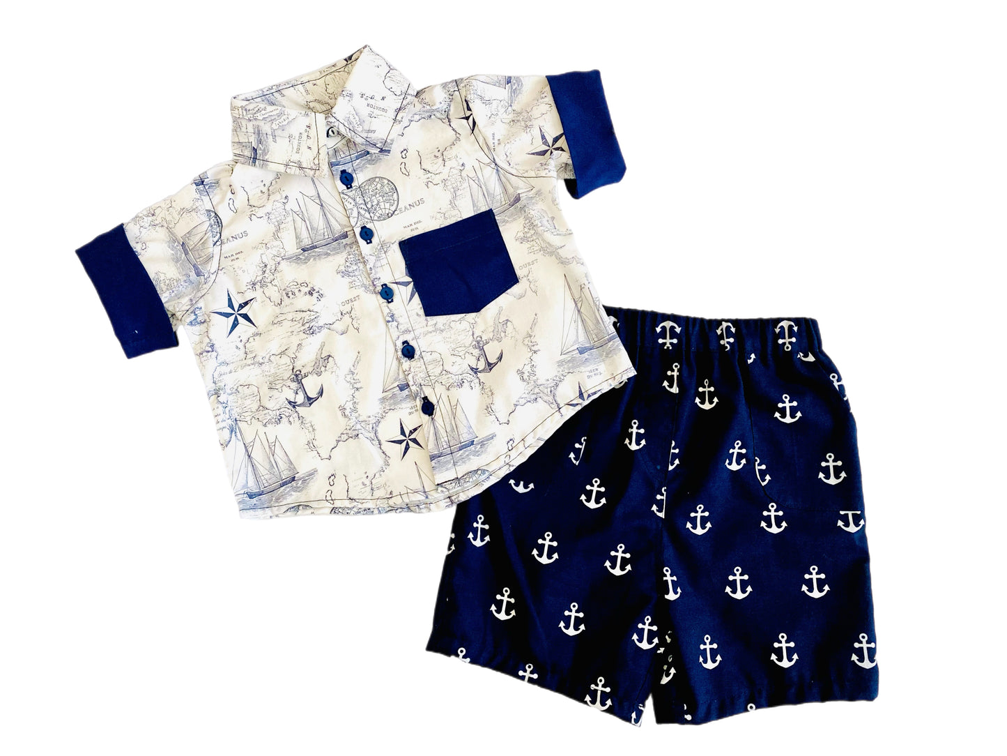 Little Ocean Explorer Nautical Map Button Down Dress Shirt and blue navy anchor Shorts Set