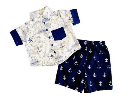 Little Ocean Explorer Nautical Map Button Down Dress Shirt and blue navy anchor Shorts Set