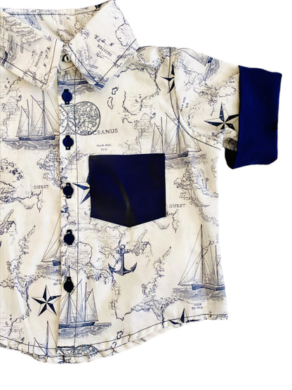 Little Ocean Explorer Nautical Map Button Down Dress Shirt and blue navy anchor Shorts Set