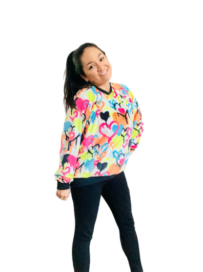 Neon Graffiti Heart Fleece Sweater – Handmade & Cozy