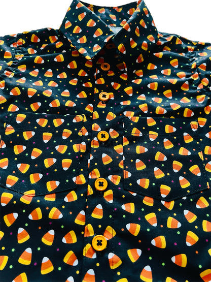 Trick or Treat! Candycorn fun boys button up shirt