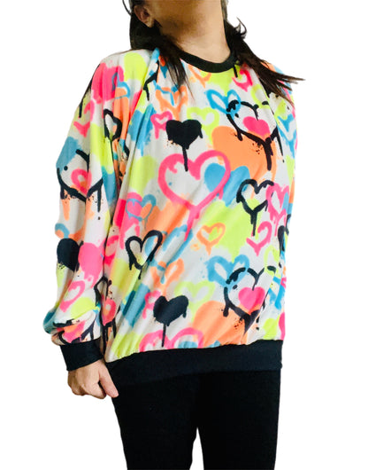 Neon Graffiti Heart Fleece Sweater – Handmade & Cozy