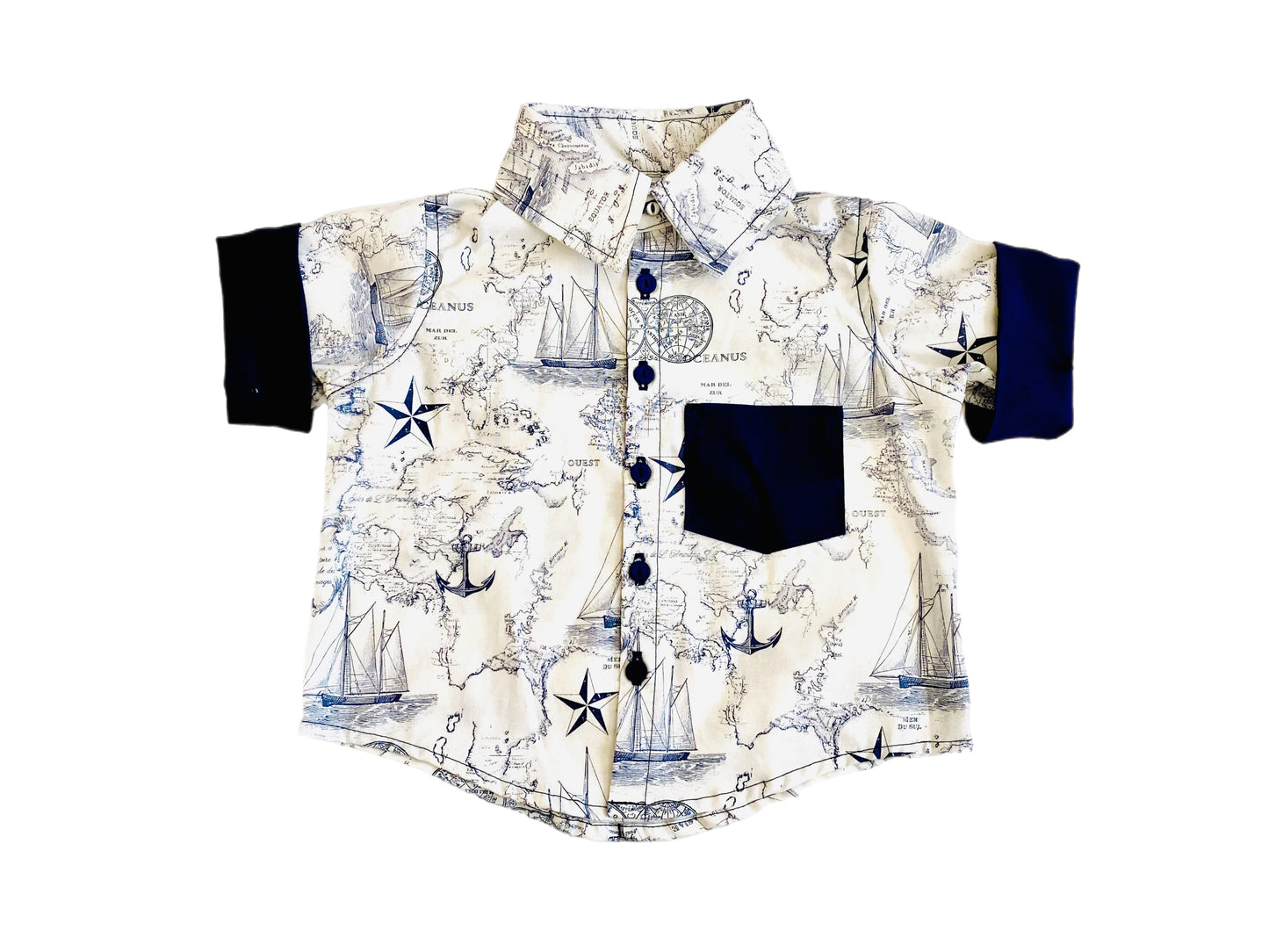 Little Ocean Explorer Nautical Map Button Down Dress Shirt and blue navy anchor Shorts Set