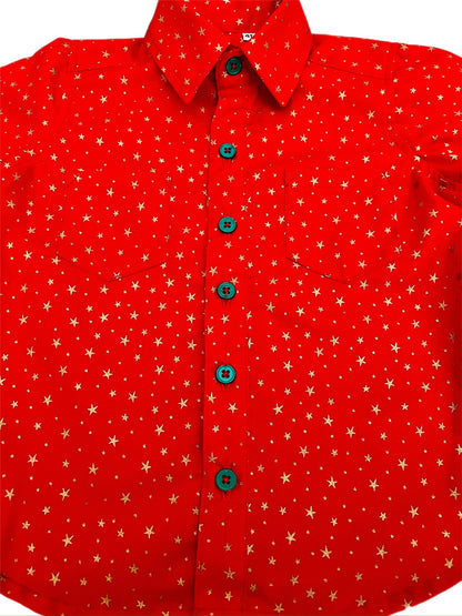 Santa Red with Gold Star Print Button Up Long Sleeve Shirt for Baby and Boys