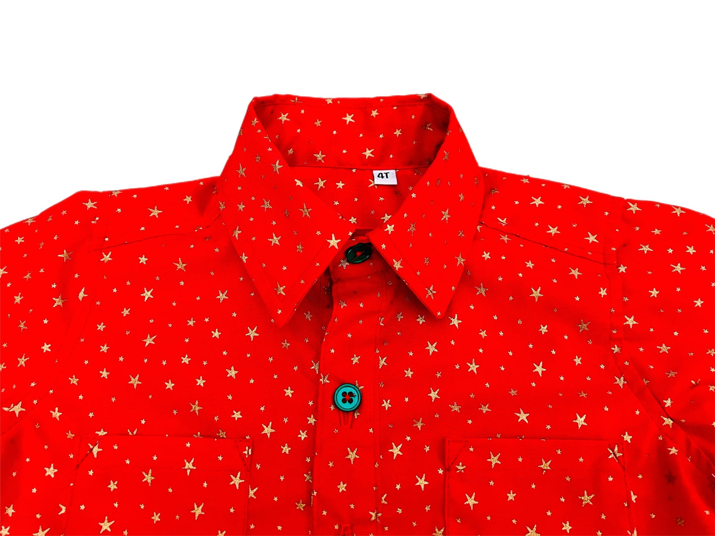 Santa Red with Gold Star Print Button Up Long Sleeve Shirt for Baby and Boys