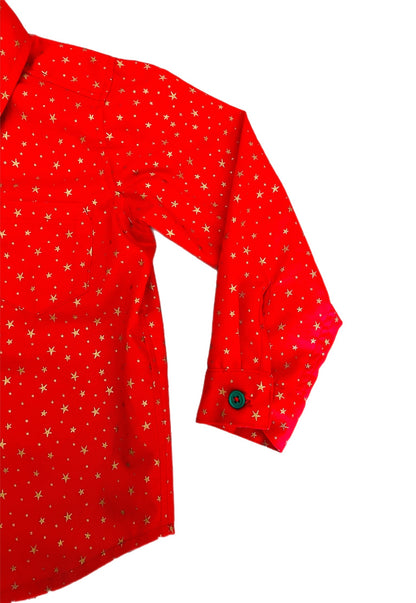 Santa Red with Gold Star Print Button Up Long Sleeve Shirt for Baby and Boys