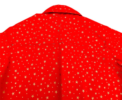 Santa Red with Gold Star Print Button Up Long Sleeve Shirt for Baby and Boys