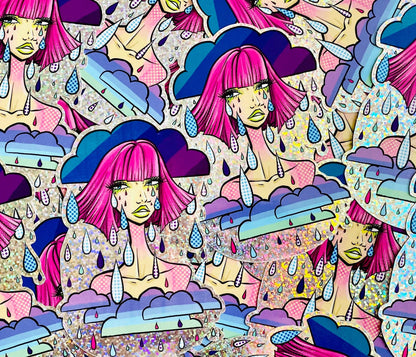 Raindrop Crybaby Girl With Pink Hair Hologram Sticker