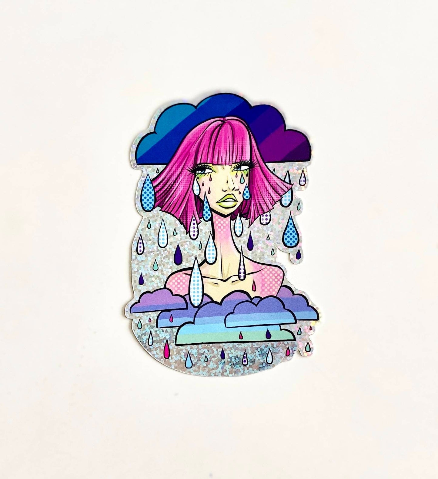 Raindrop Crybaby Girl With Pink Hair Hologram Sticker