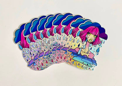 Raindrop Crybaby Girl With Pink Hair Hologram Sticker