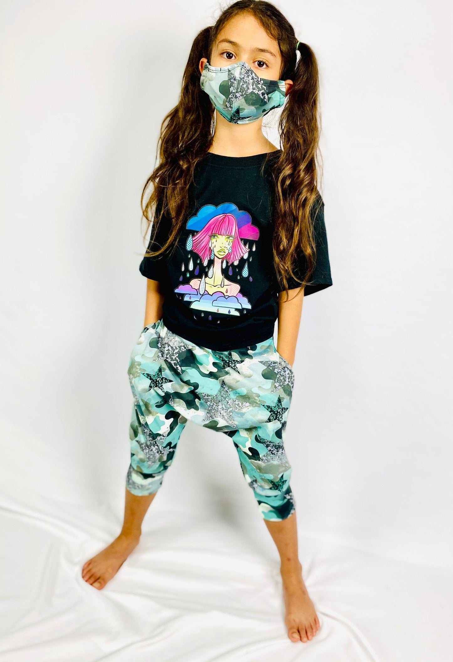 Teal starry Camo drop crotch pants with Matching Face Mask Set