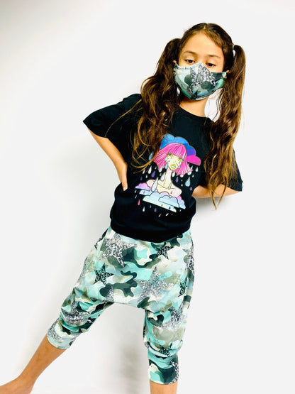 Teal starry Camo drop crotch pants with Matching Face Mask Set