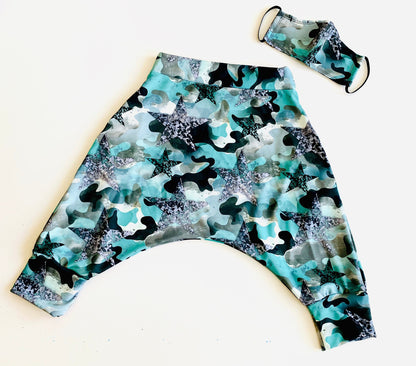 Teal starry Camo drop crotch pants with Matching Face Mask Set