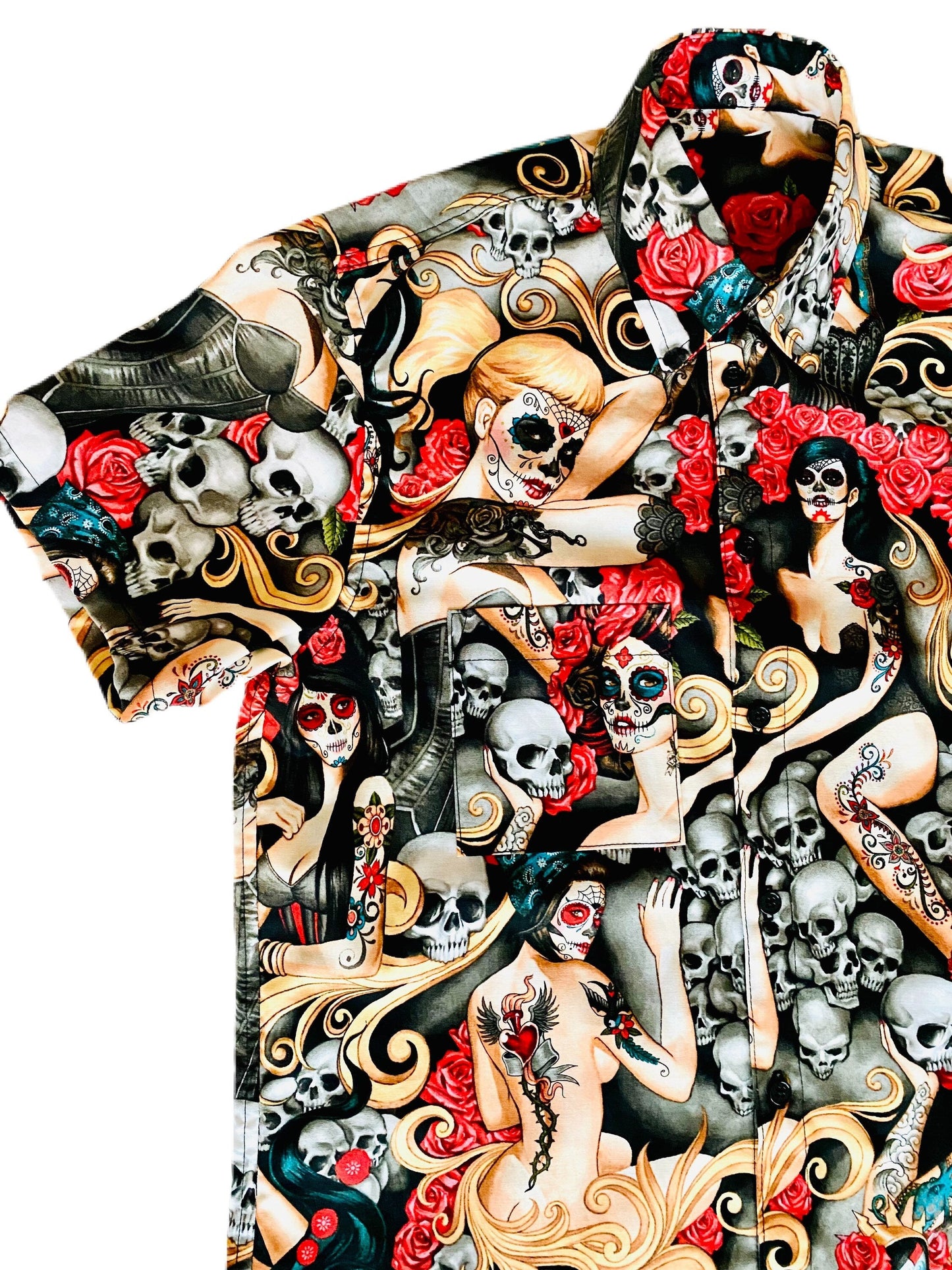 Day of the Dead women, roses, and skulls Button Up Shirt