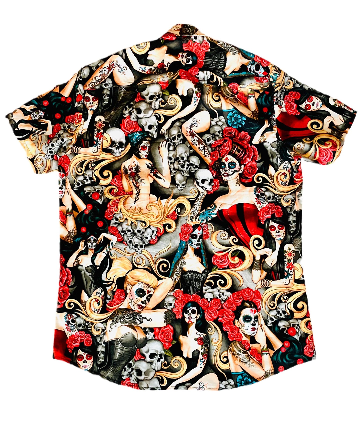 Day of the Dead women, roses, and skulls Button Up Shirt