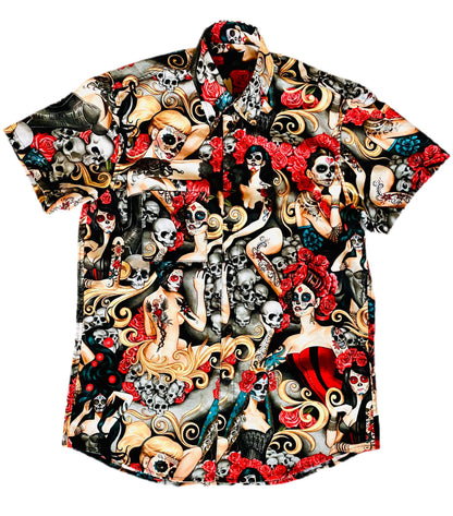 Day of the Dead women, roses, and skulls Button Up Shirt