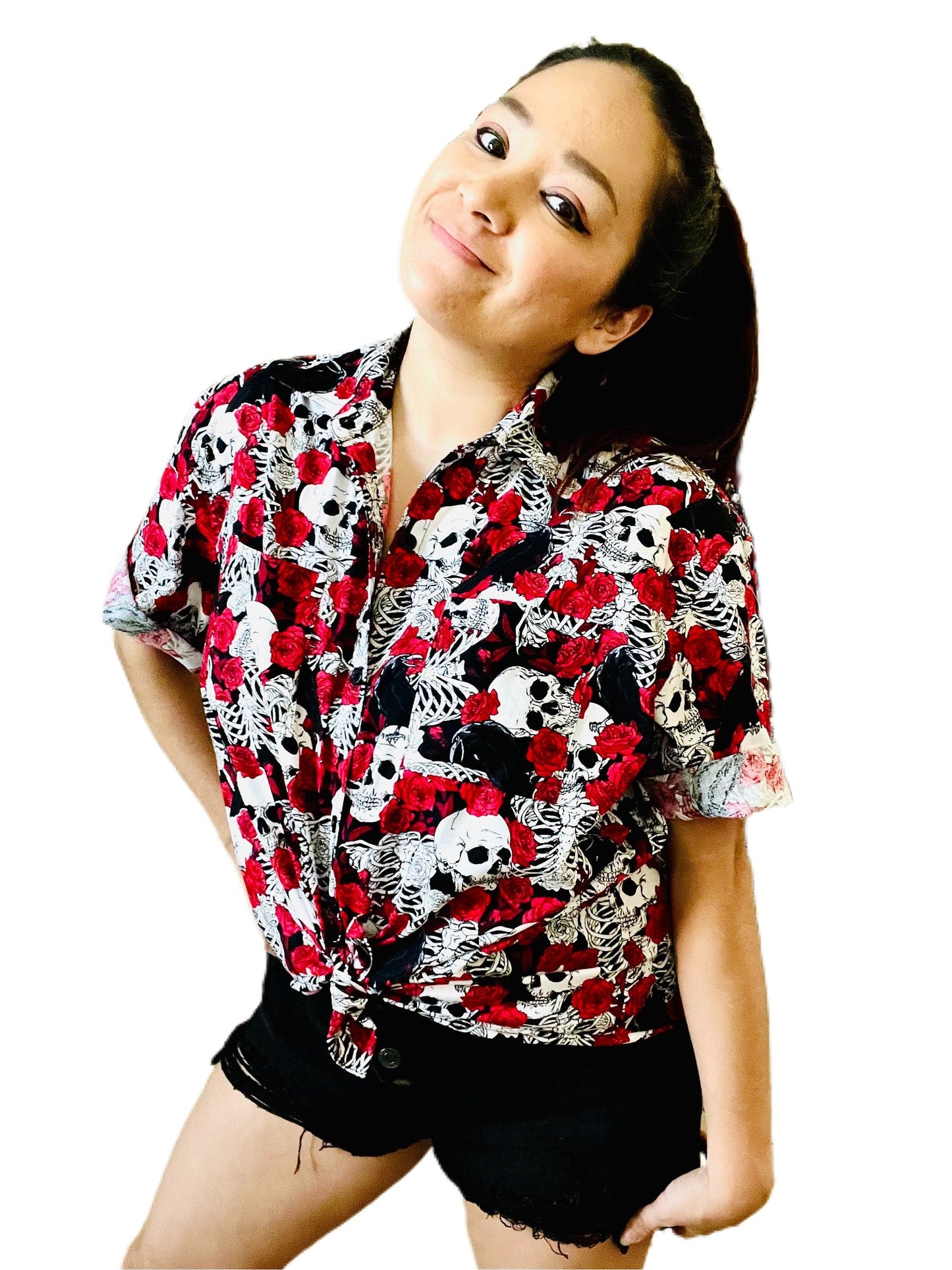 Skull and Roses casual women’s button up shirt