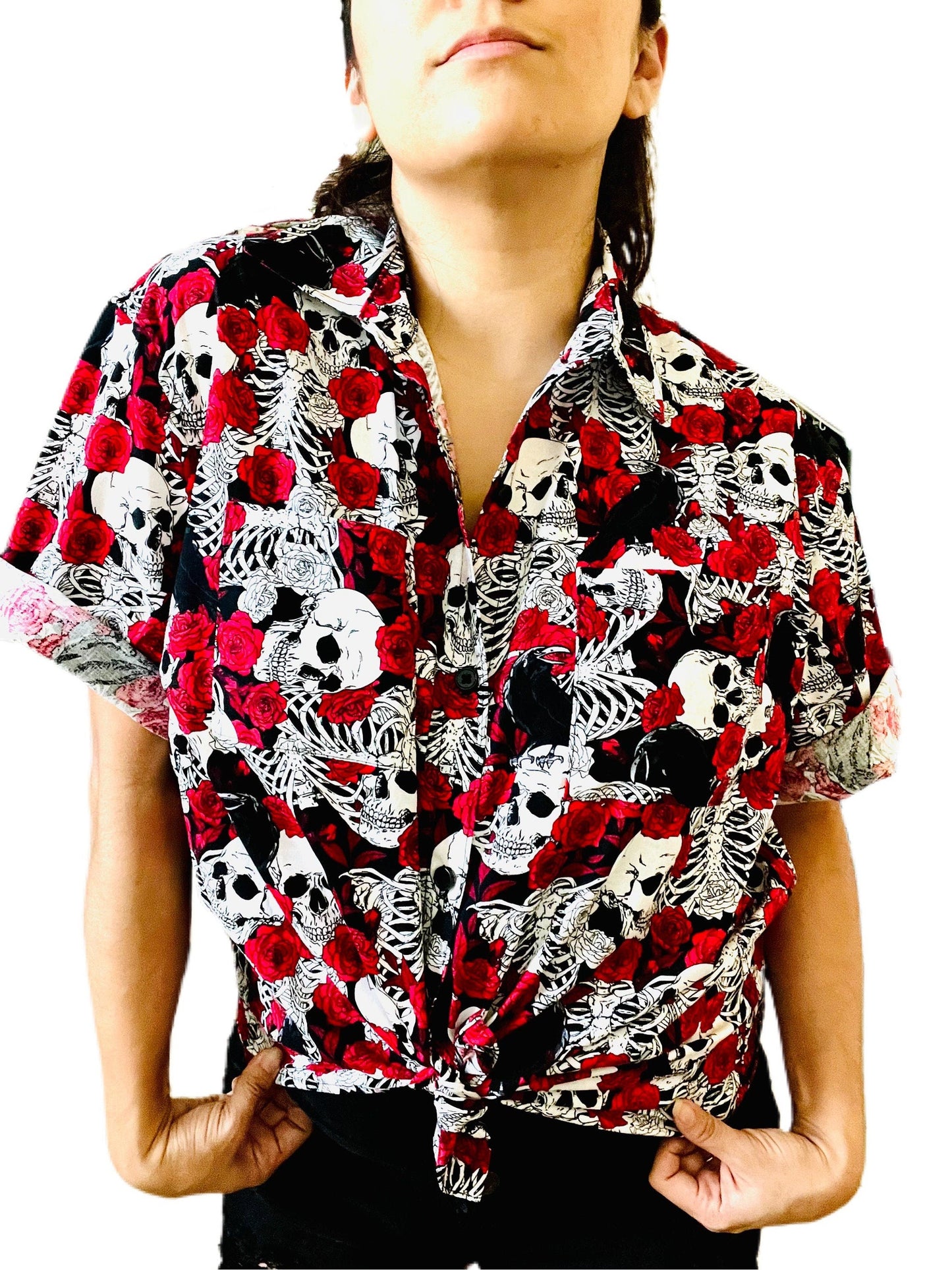 Skull and Roses casual women’s button up shirt