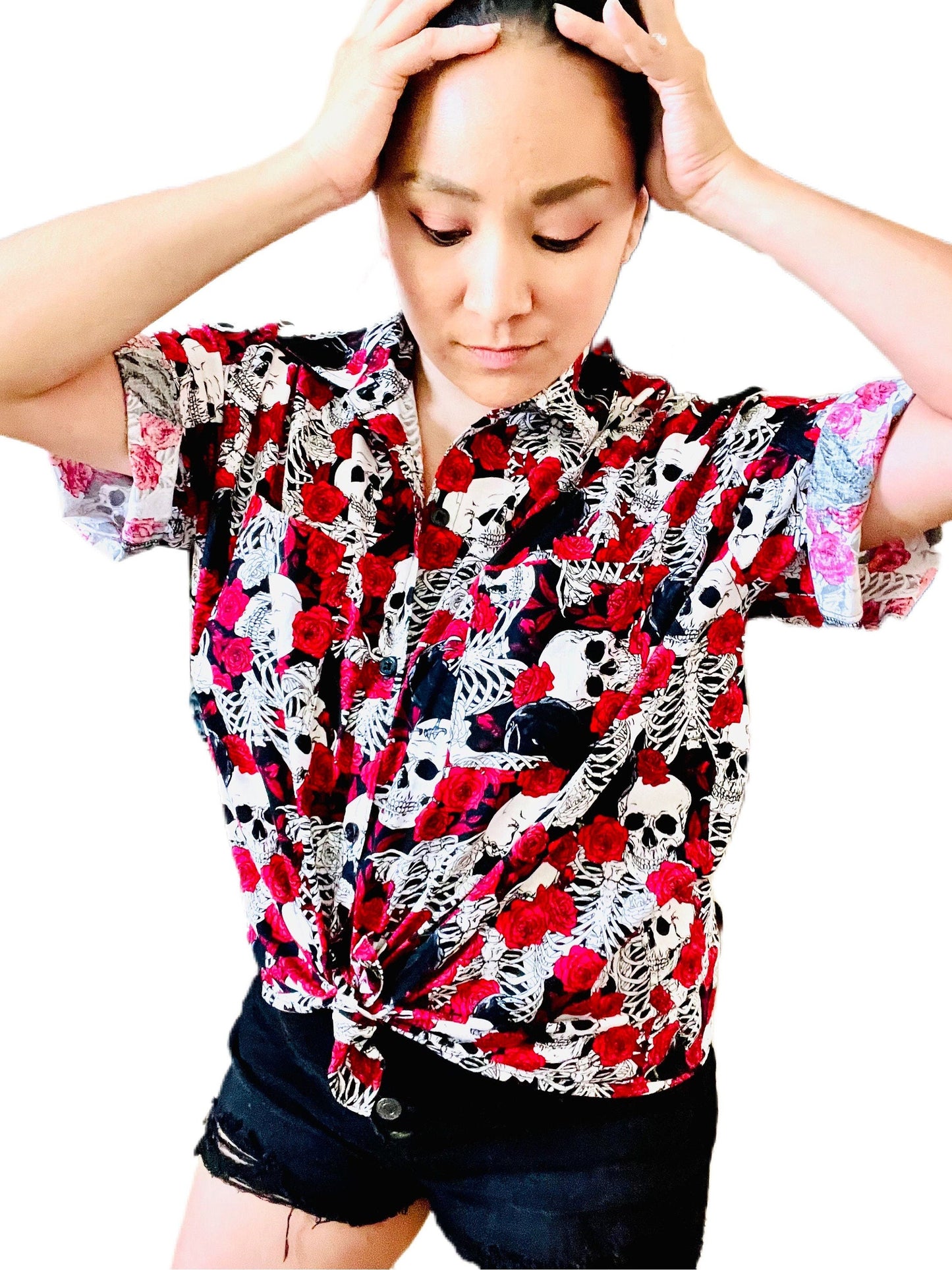 Skull and Roses casual women’s button up shirt